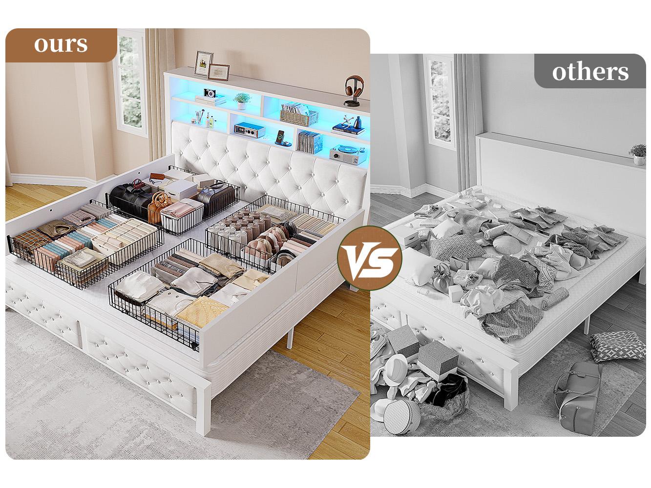 Raybee Luxury Modern LED Bed Frame with Power Stripes, Tufted Velvt Upholstered Full /Queen/King Size Bed Frame with Bookcase Storage Headboard, Heavy Duty Platform Bed Frame Holds 900LBS, NO Noise, No Box Spring Needed, Space Saving Hacks, Beige, Gray