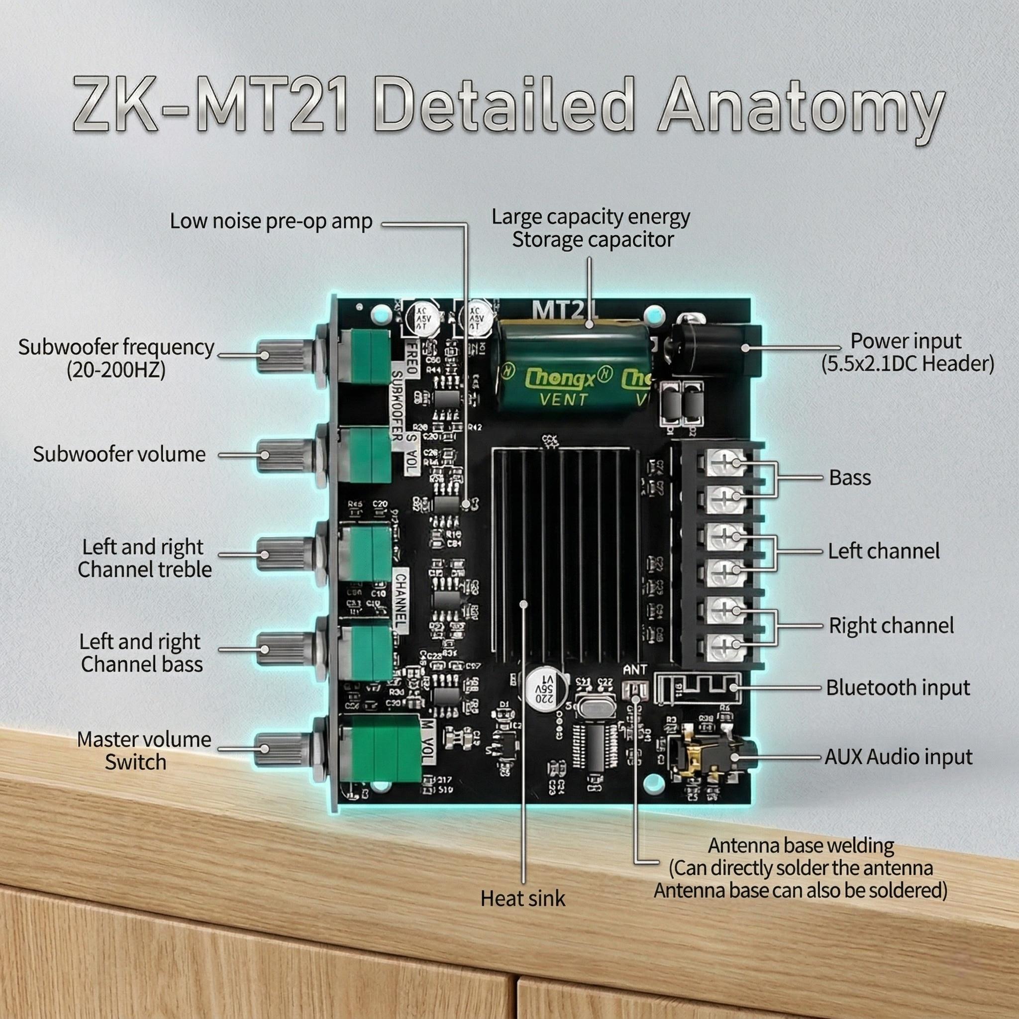 ZK-MT21 Bluetooth 5.0 Audio Amplifier Board 2.1 Channel 50W×2+100W Mini Subwoofer Power Amp HiFi Digital Audio Amp Module for Home Speakers 20-100W 4-8Ω DC 12-24V BT AUX Input