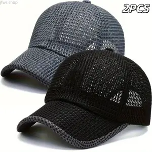 2Pcs Mens Breathable Mesh Trucker Hat Adjustable Cotton Snapback Cap Summer Sunscreen Duck Tongue Headwear Universal Fashion Accessory for Outdoor Sports Daily Casual Wear Gift