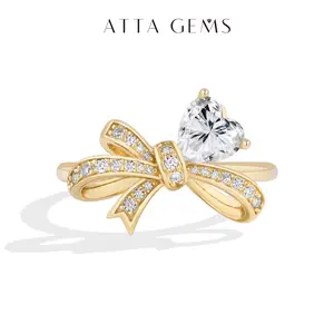 ATTAGEMS Bow Heart Shape 6*6mm Heart Cut Lab-Created Moissanite Ring for Women Girls S925 Sterling Silver Ring Birthday Party Gift Sweet Gift for Her R425