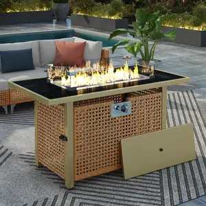 43" Propane Gas Fire Pit Table, 60000 BTU Rectangular Open Weave Wicker Design with Glass Wind Guard, Orange & Mustard Yellow