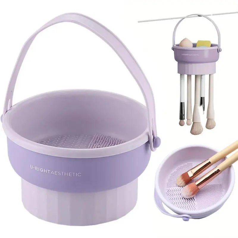 Makeup Brush Cleaning Bowl with Handle, 1 Count Multifunctional Makeup Brush Drying Rack, Beauty Sponge & Brush Cleaner Mat, Makeup Tool Accessories, Makeup Brush Washer, Silicone Tool