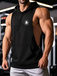 Men's hooded sports vest with abstract sunshine print, side hollowed out sleeveless sweatshirt, slim fit suitable for training, running, and basketball, durable and eye-catching print suitable for fitness enthusiasts