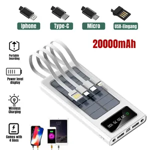 Portable Power Bank Solar Charger,20000mAh Power Bank Large Capacity Built in 3 Output and 1 Input Cables and Flashlight 5V2.1A Fast Charger Compatible with Smart Phones and Devices