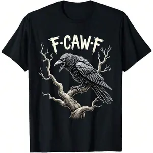 F-Caw-F Fun Raven Retro Gothic Bird Double Entendre T-Shirt Machine Washable All-Season Wear Casual Halloween T-Shirt Crew Neck