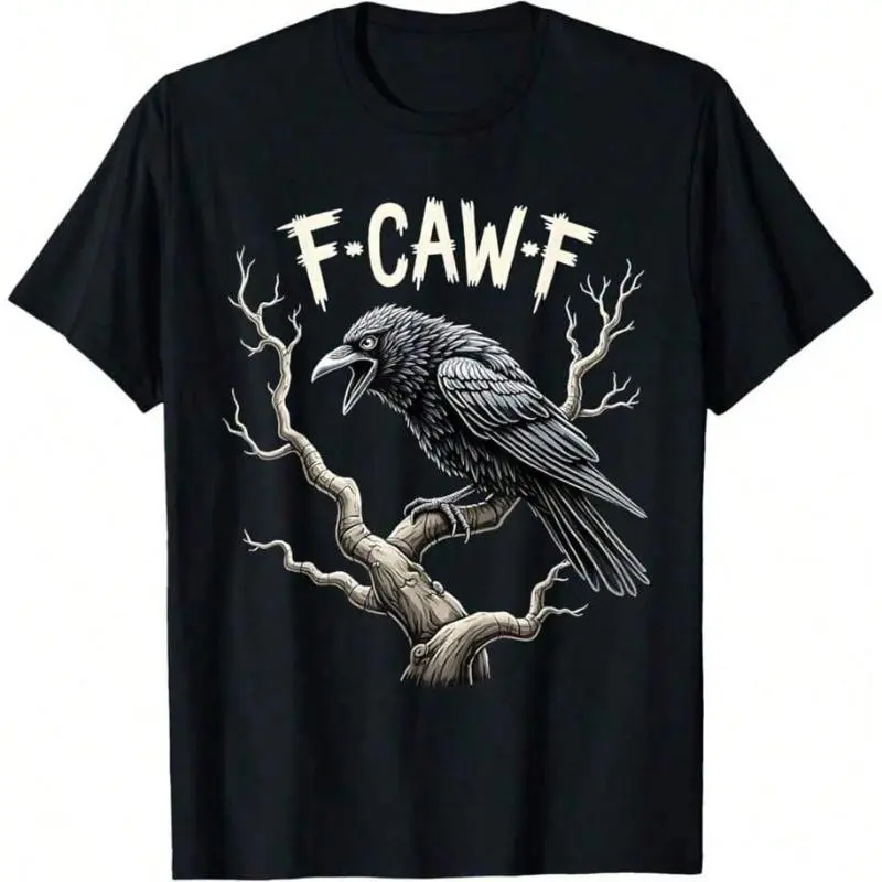 F-Caw-F Fun Raven Retro Gothic Bird Double Entendre T-Shirt Machine Washable All-Season Wear Casual Halloween T-Shirt Crew Neck