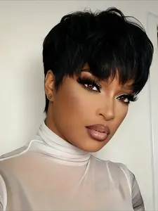 Chic Elegant Pixie Cut Straight Human Hair Wig for Women Full Machine Made Wig 150% Density 6 Inch