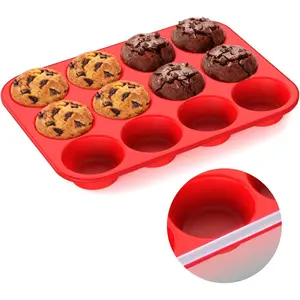 Muffin Pan for Baking: 12 Cup Muffin Pan with Metal Reinforced Frame, Regular Size Cupcake Egg Bites Molds for Baking, Free Silicone Muffin Tray, Dishwasher Safe (1 Pack, Red)