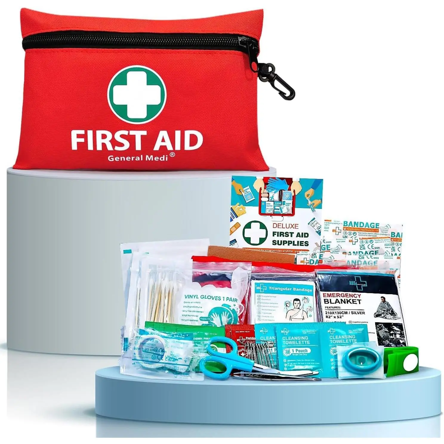 General Medi Mini First Aid Kit, 110 Piece Small First Aid Kit - Includes Emergency Foil Blanket, Scissors for Travel, Home, Office, Vehicle, Camping, Workplace & Outdoor (Red) Healthcare