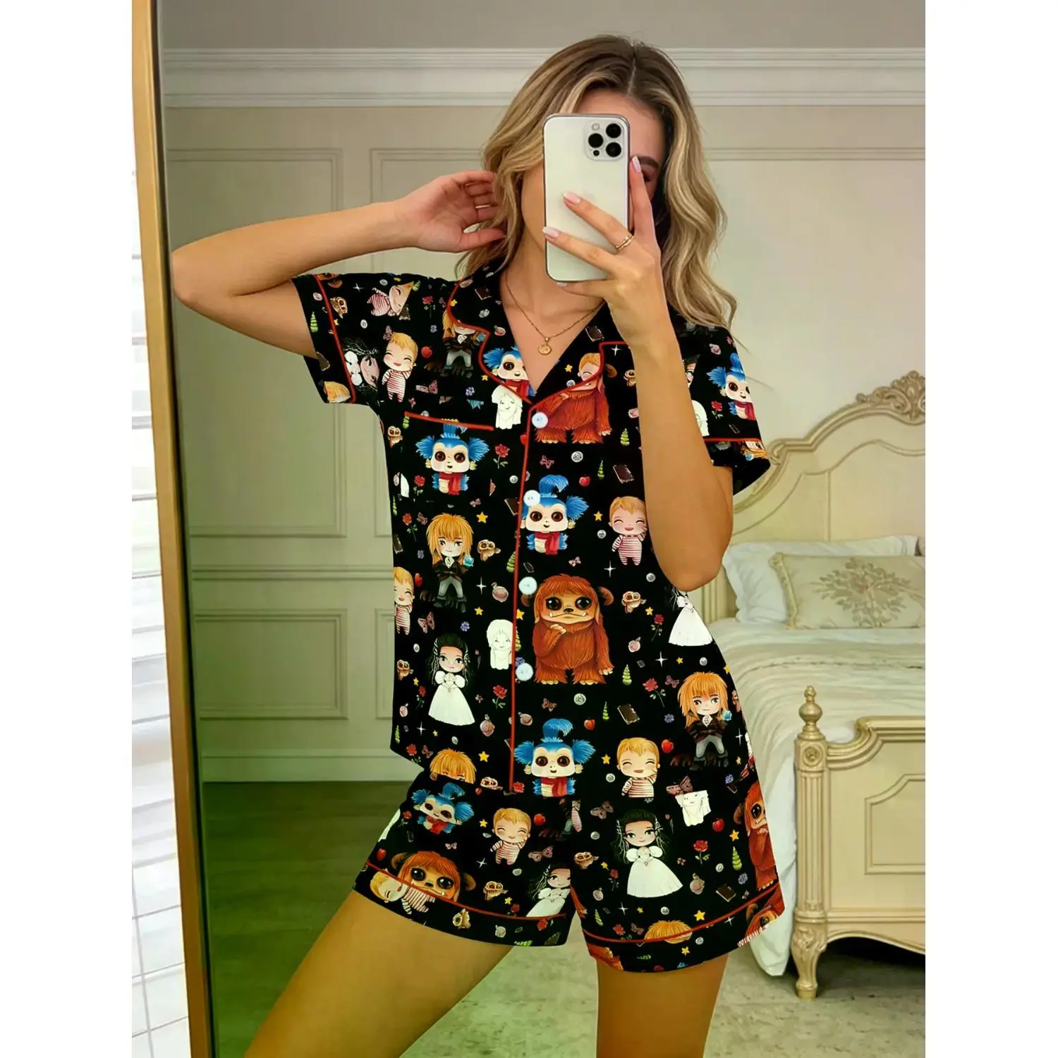 Women's Labyrinth Sleepwear Set - Two-Piece Comfortable Short Sleeve Button-Up Top & Elastic Shorts - Casual Loungewear Pajamas with Ludo and Goblin King Prints