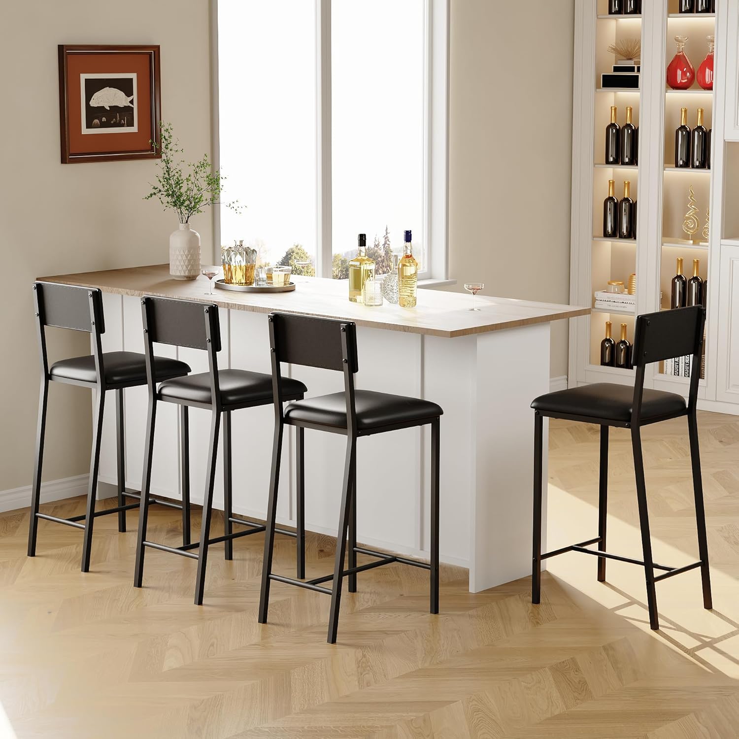 Dining Chairs Set of 4 Upholstered PU Dining Chairs Curved Backrest, Modern Dining Room Chairs Kitchen Chairs with 26IN Metal Legs and Sturdy H-Frame 