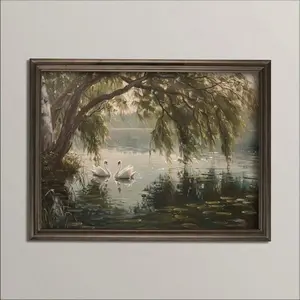 1pc Unframed Swan Lake Tree Rustic Landscape Retro Poster Moody Academia Art Farmhouse Decor Vintage Painting Canvas Print Cottagecore Wall Picture For Dorm,Apartment,Living Room,Bedroom,Modern Home Decoration