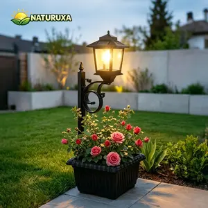 Naturuxa Outdoor Flower Pots for Real or Fake Flowers, Solar Lamp Post Lights - Wall Mount or Freestanding, Waterproof Decorative Lamp for Lawn, Patio, Front/Back Door