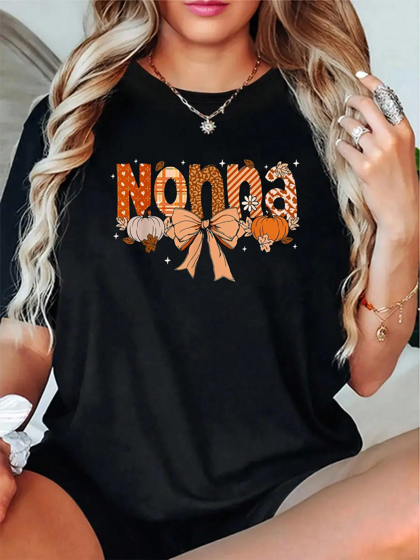 100% Cotton Unisex Nonna Pumpkin Fall Coquette Bow Thanksgiving Mom Women T-Shirt - Party dress or daily autumn floral top
