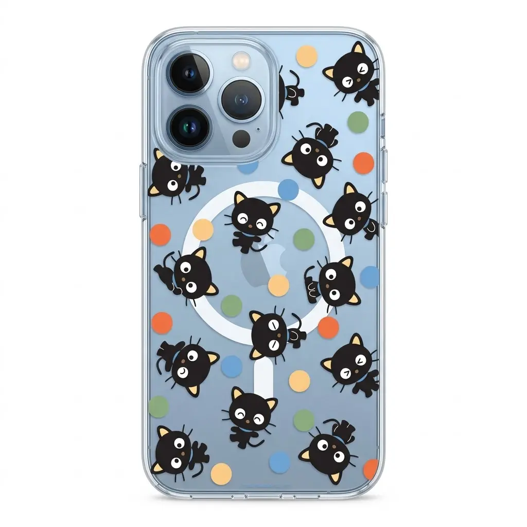 Chococat Polka Dot Clear MagSafe Phone Case, Kawaii Black Cat Aesthetic Cover for iPhone 11 12 13 14 15 16 17 18 Pro Max Plus & Samsung Galaxy S21 S22 S23 S24 S25 S26 Ultra
