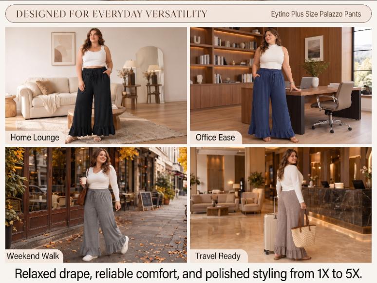 Eytino Womens Plus Size Wide Leg Pants Casual Elastic High Waisted Drawstring Ruffle Hem Palazzo Pants with Pockets(1X-5X)