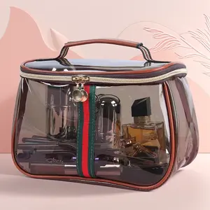Vintage Clear Makeup Bag Large Capacity Waterproof PVC Cosmetic Organizer with Handle, Retro Striped Toiletry Pouch for Women Travel Essentials