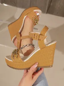 Women's Woven Wedge Sandals, Open Toe Ankle Strap Platform Sandals with Metal Chain, Summer Comfortable Height Increasing Shoes for Casual Vacation