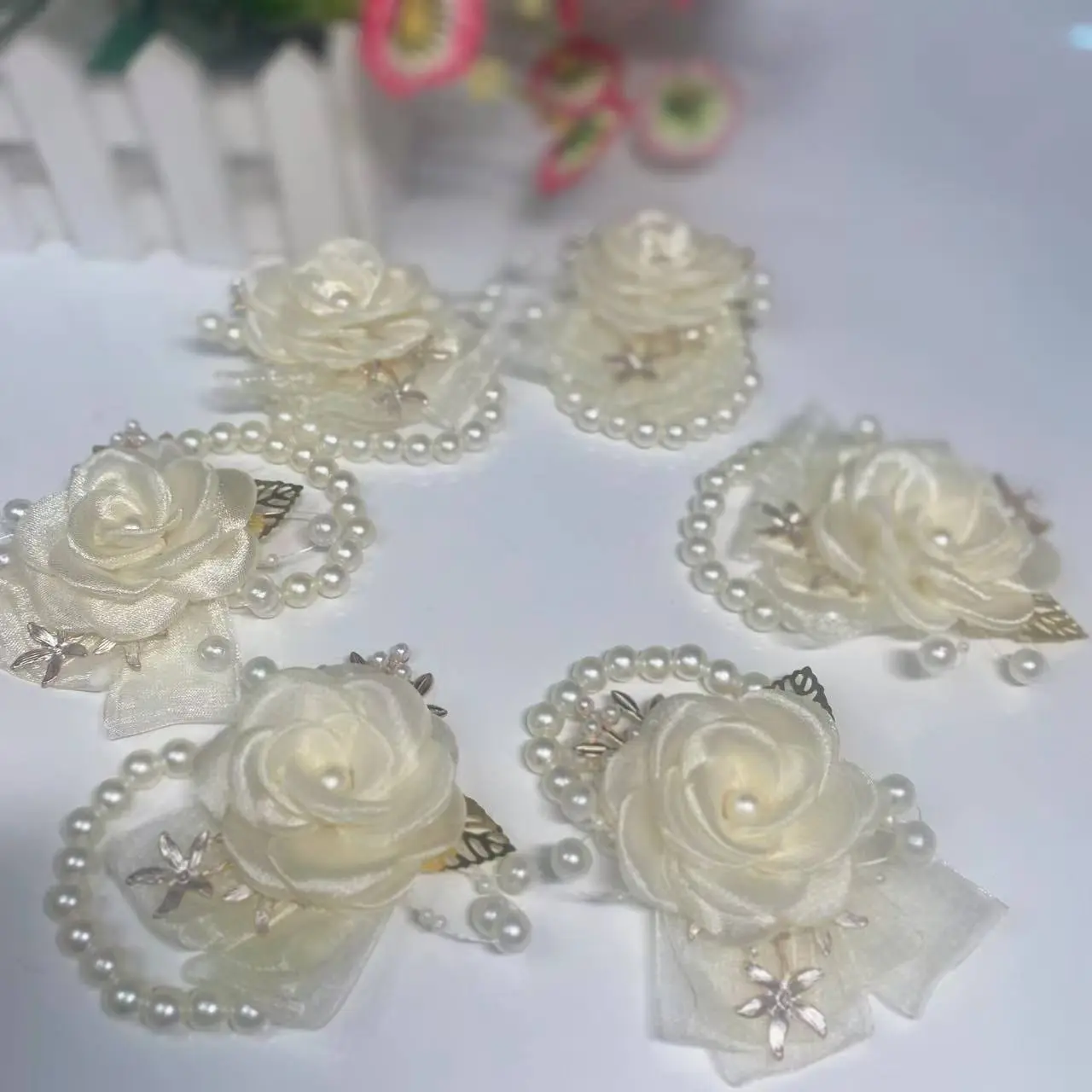 6PCS Ivory Artificial Pearl Alloy Wedding Bridal Wrist Flower and Corsage Set, Prom Wedding Wrist Corsage Set