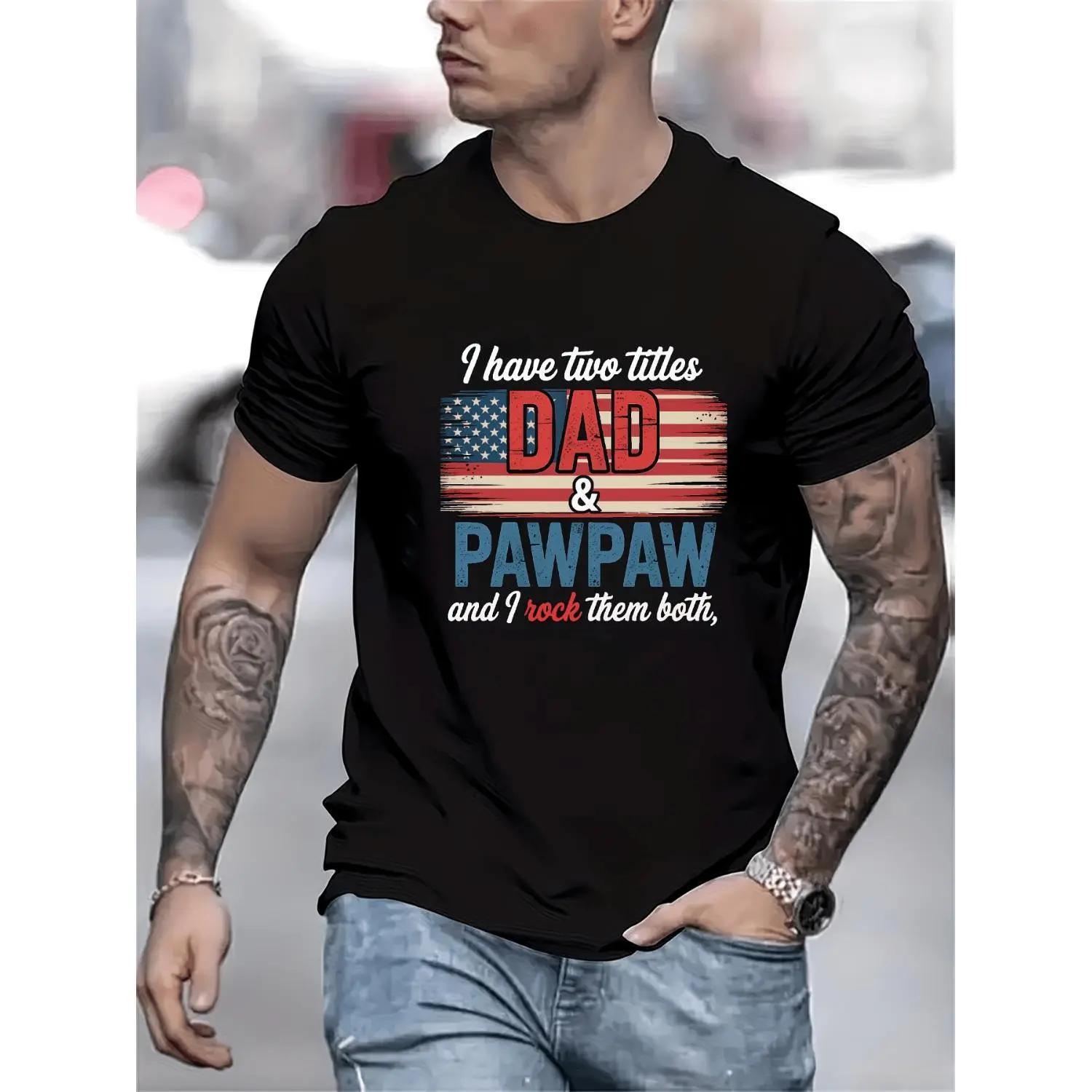Men's Black Short-Sleeve Round Neck Menswear Top, Streetwear T-Shirt with 'I Have 2 Titles: Dad And Pawpaw' Phrase & American Flag Design, Ideal Father's Day Gift for Casual Occasions