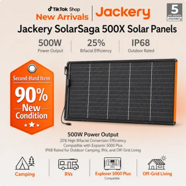 [Second-hand item in 90% new condition] Jackery SolarSaga 500X Solar Panels, 500W Power Output, 25% High Bifacial Conversion Efficiency, Compatible with Explorer 5000 Plus,IP68 Rated for Outdoor Camping,RVs,and Off-Grid Living