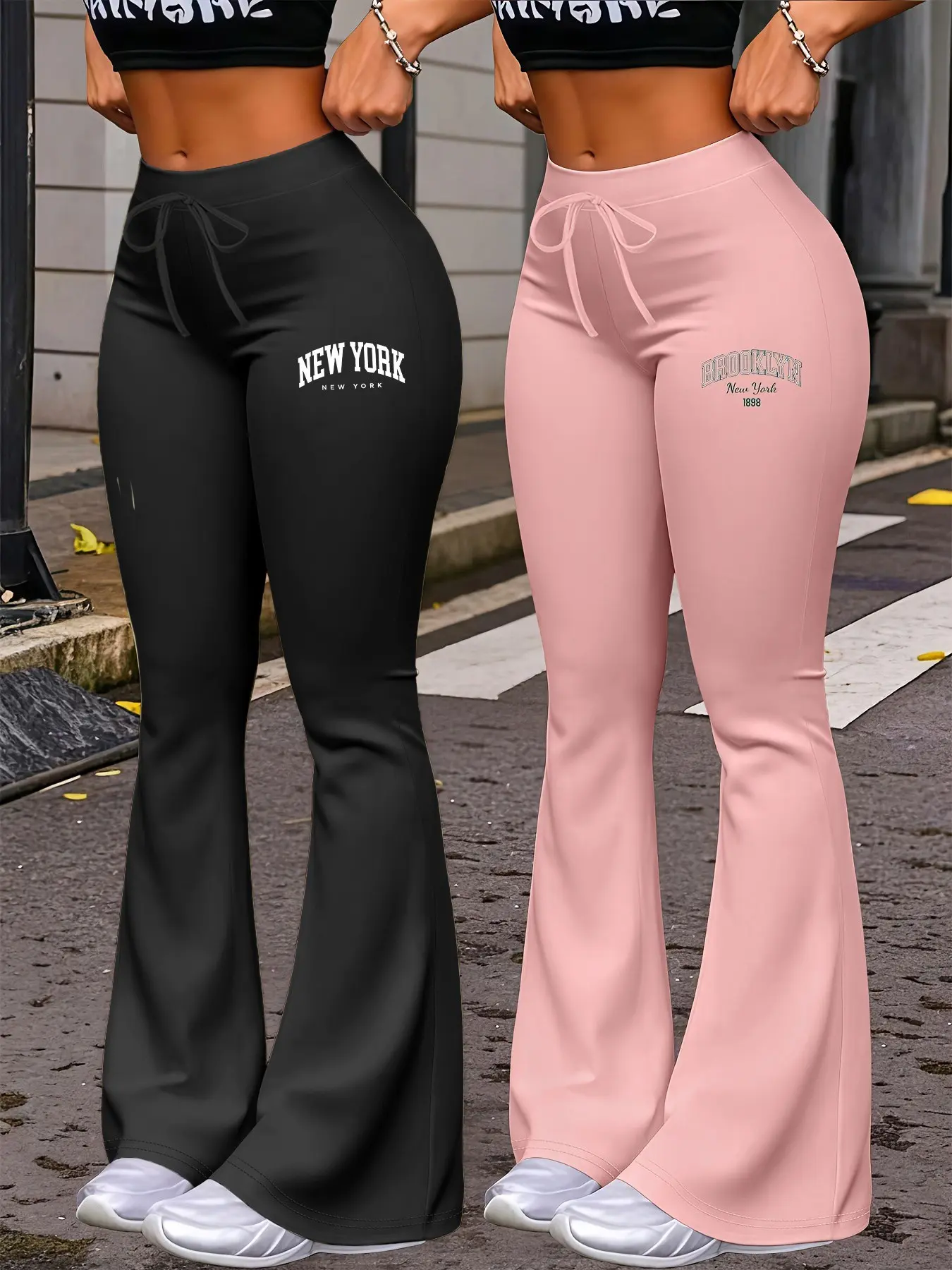 2-Pack Women's Stylish Lightweight Wide Leg Adjustable Drawstring Pants Bottoms for All Seasons, New York & Brooklyn Print Casual Yoga Trousers, Fitted Flare Long Pants