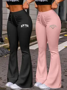 2-Pack Women's Stylish Wide Leg Adjustable Drawstring Pants for All Seasons, New York & Brooklyn Print Casual Yoga Trousers, Fitted Flare Long Pants
