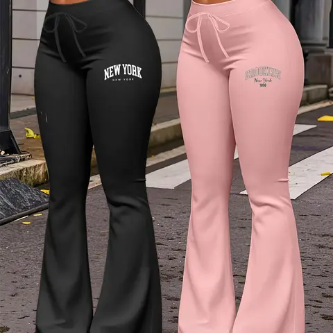 2-Pack Women's Stylish Lightweight Fabric Wide Leg Adjustable Drawstring Pants for All Seasons, New York & Brooklyn Print Casual Yoga Trousers, Fitted Flare Long Pants