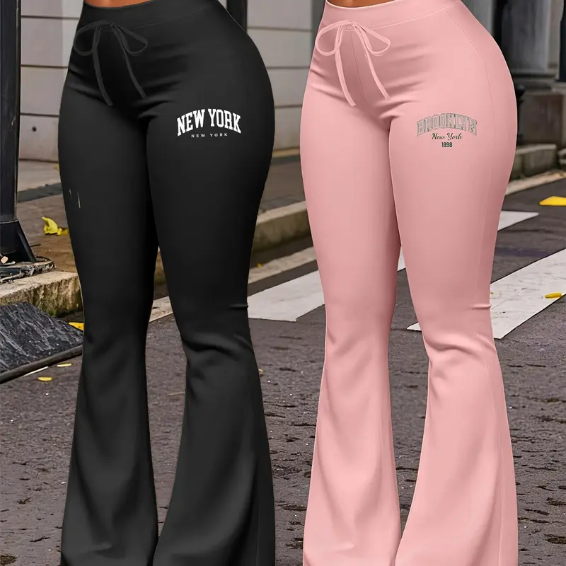 2-Pack Women's Stylish Lightweight Fabric Wide Leg Adjustable Drawstring Pants for All Seasons, New York & Brooklyn Print Casual Yoga Trousers, Fitted Flare Long Pants