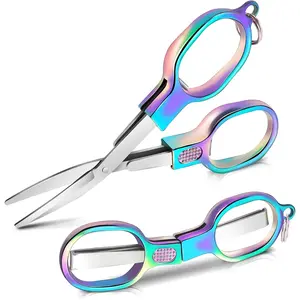 2 count Folding , Color Stainless Steel Portable Travel , Foldable Pocket Badge Mini Small Scissor with 2 Key Ring,  for Men Safety Scissor for Outdoor, Fishing, Sewing, Home, Office