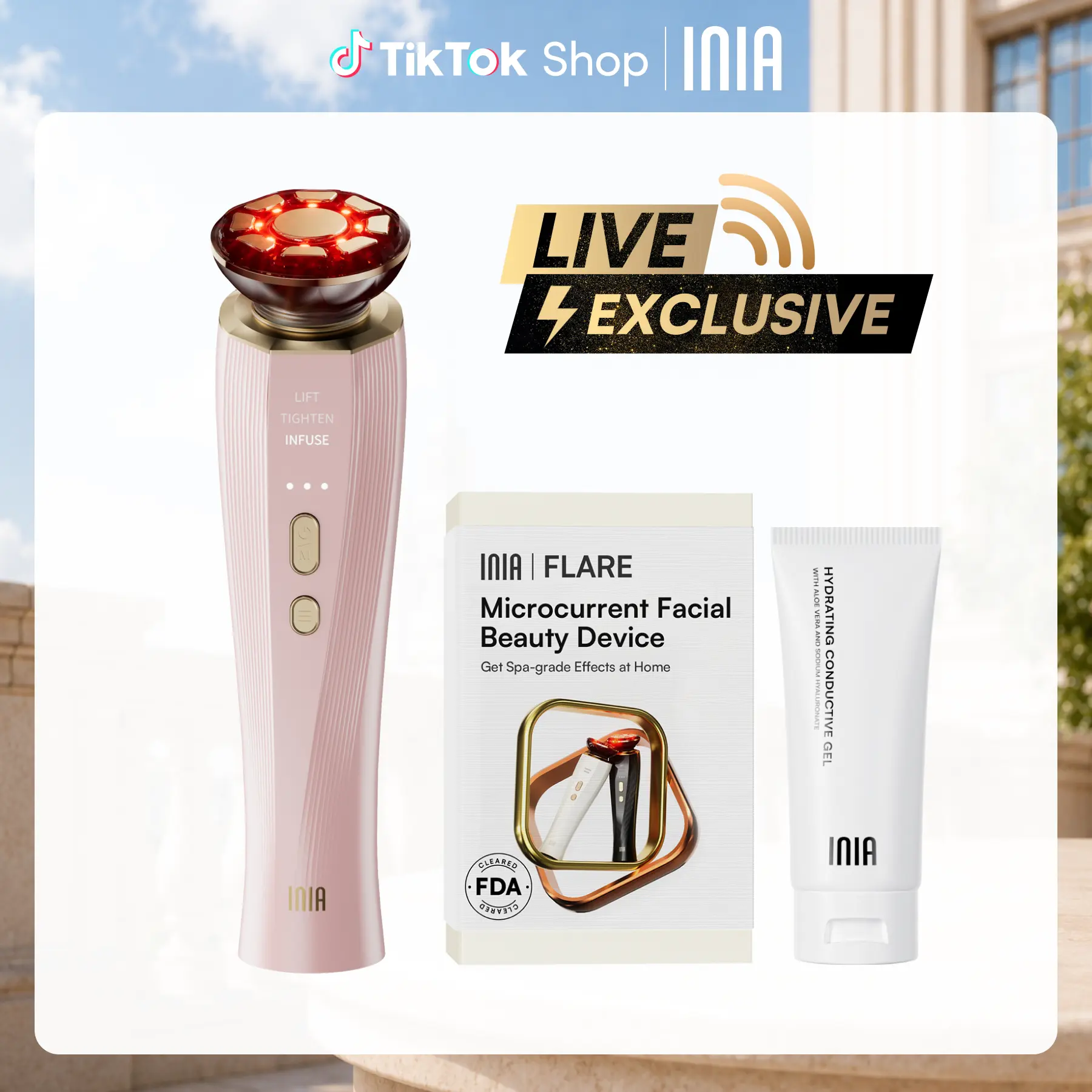 【LIVE EXCLUSIVE】INIA FLARE All-in-One Facial Beauty Device, 3-in-1 Facial Massager Beauty Device for Face and Neck Skin Rejuvenation Lifting/ Tightening/ Infusing, Perfect Gift Season Pick,Summer Travel Accessories