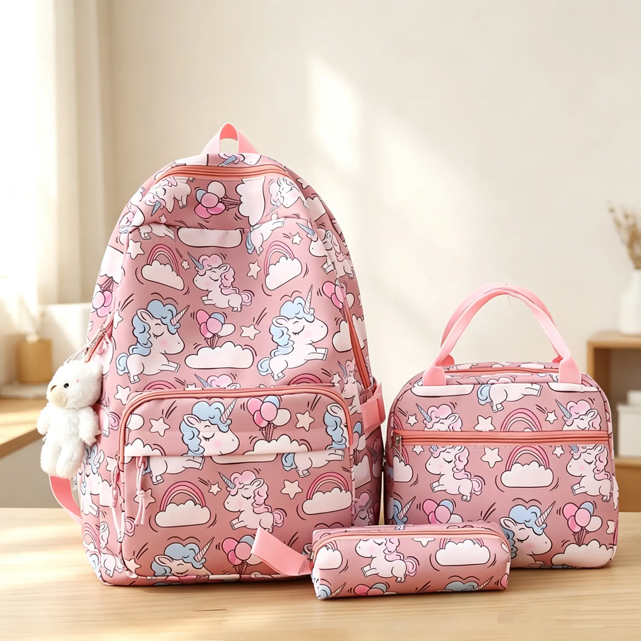 Girls' 3-Pcs Nylon Fabric Unicorn Print Backpack Set - Large-Capacity School Use Daypack with Lunch Tote & Pencil Case, Ergonomic Lightweight for Elementary Students