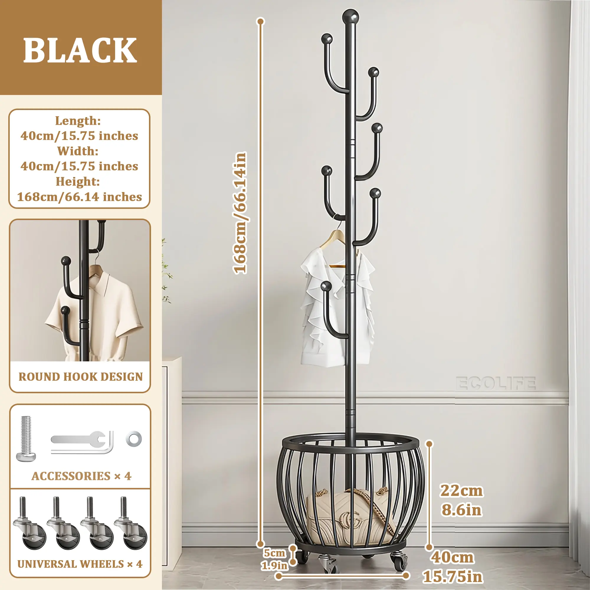 2-in 1 Multipurpose Freestanding Coat Rack with Storage Basket - 6 Hooks and 4 Universal Wheels, Mobile Clothes Hanger, Space-Saving Freestanding Clothes Rack Organizer, for use in Entryway, Living Room, Bedroom, Home, Office, Bathroom for Hats, Coats,