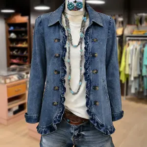 Cherrybetty 100% Cotton Solid Ruffle Trim Collared Denim Jacket Outfit Inspo Spring Fashion Outfits For Women Essential Comfort Elegant Outfits