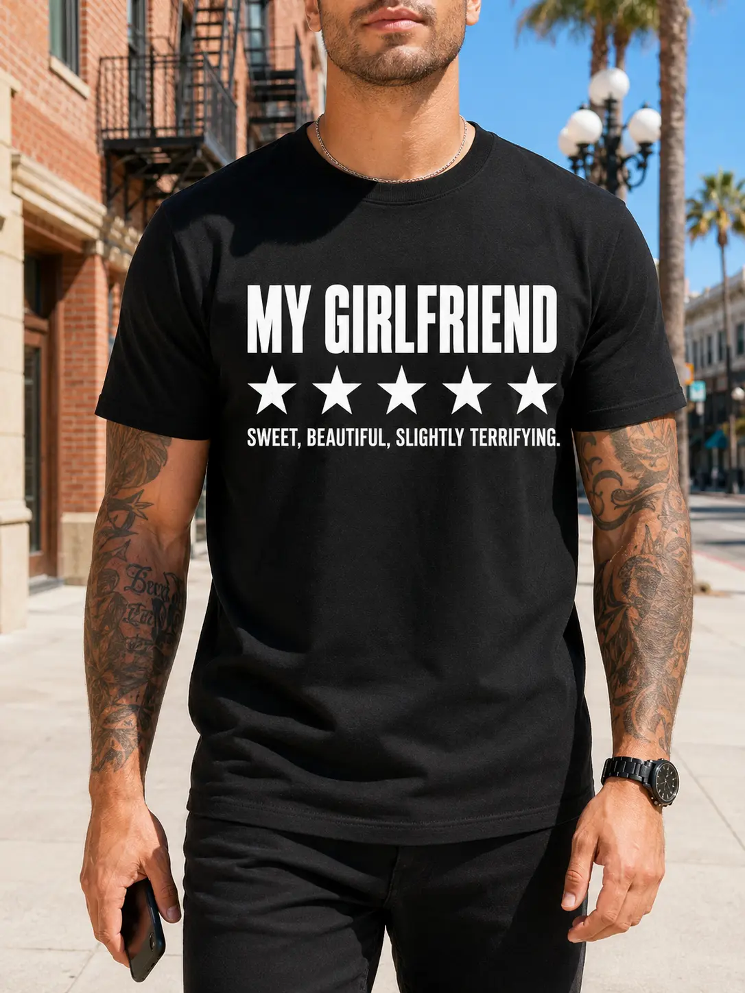 Men's 100% Cotton Short-Sleeve Round Neck Streetwear Graphic T-Shirt,Funny Print(My Girlfriend,Sweet, Beautiful, Slightly Terrifying)Breathable,Casual Top,Gift For Husband/Boyfriend,Crewneck Black Tee,Summer Menswear Apparel,Men's Print Underwear T shirt