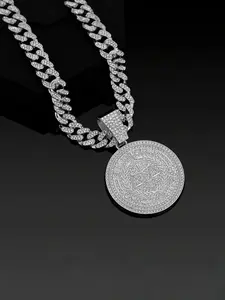 Hiphop Style Libra Round Pendant Necklace, Alloy Full Diamond Cuban Chain, Street Trend Art Culture Jewelry for Daily Wear
