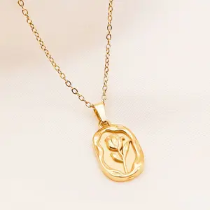 Women's Vintage Elegant Tulip Stainless Steel Pendant Necklace - Costume Jewelry Sweater Chain, Collarbone Accessory