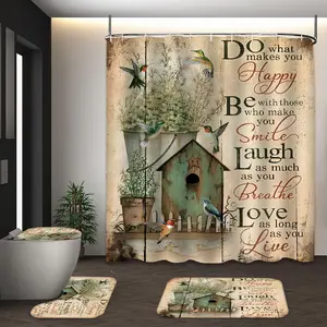 LVRLVR 4Pcs Hummingbird & Inspirational Quote Print Rustic Farmhouse Multi-Color Shower Curtain Set 70.8×70.8 Inch