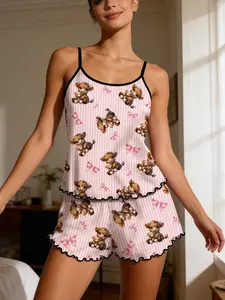 Women's Pajama Set, Sleeveless Sexy Style, All over Print, Slim-Fitting, Home Wear, Loungewear, Two-Piece, Stripes, Cozy Comfort, Cow