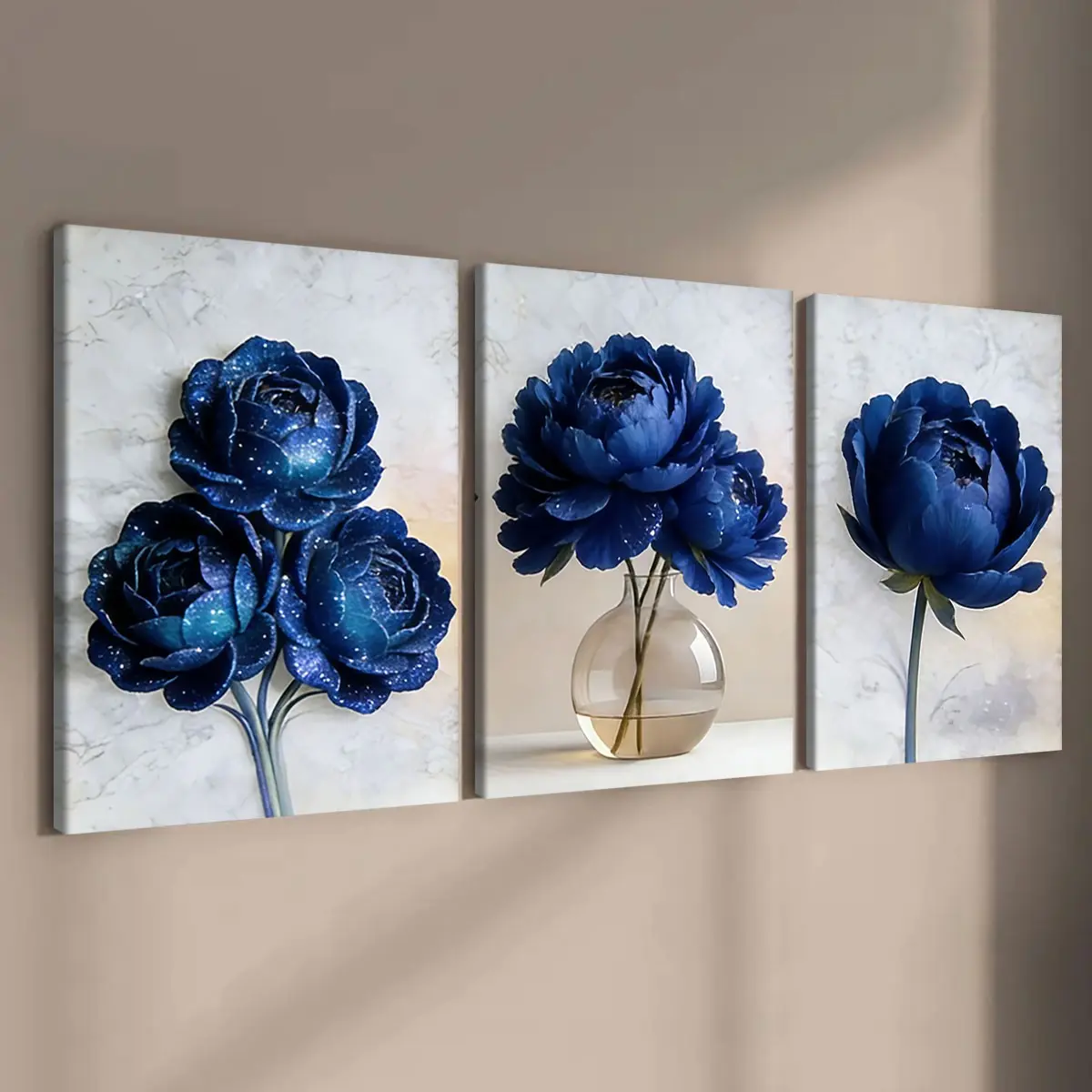 3-Piece Wooden Frame Canvas Art Set, Starry Sky Blue Peony Floral Decorative Posters, Canvas Prints, Modern Home Wall Art, Aesthetic Wall Decor, Waterproof Living Room Bedroom Decoration, Flower Wall Art, Decoration Items