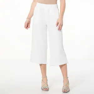 Nina Leonard High-Tech Crepe Pull-On Lace-Trim Culotte Pant