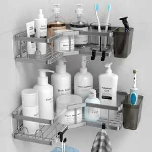 2-Pack No-Drill Corner Shower Caddy, Stainless Steel Adhesive Bathroom Organizer with Hooks & Toothpaste Holder