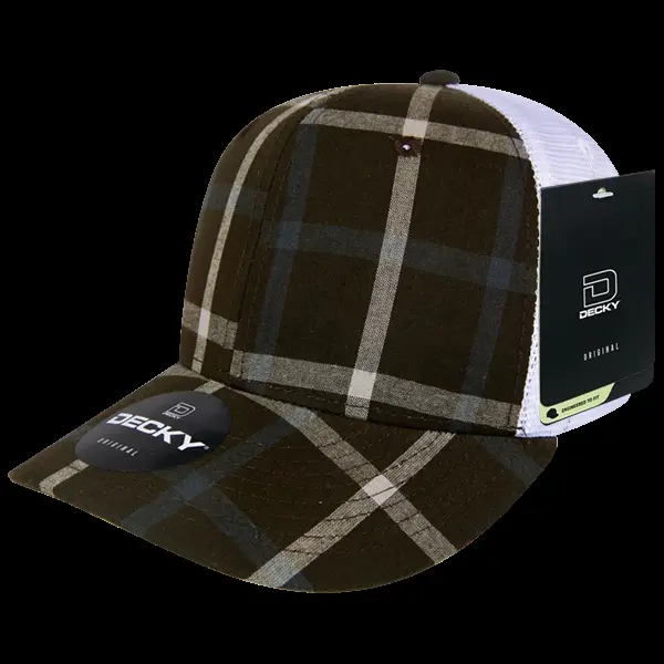 212 MAIN Plaid Trucker Hat - 6017-226 6-Panel Mid-Profile Structured Mesh Hat, 226-White Snapback Cap with Curved Brim, 1 Size Fits Most, Snapback Caps, Cotton-Nylon, Men's Snapback Hats