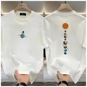 Solar System Pattern T-shirt - astronaut pattern and planet design, casual short sleeved round neck T-shirt, suitable for teenagers and young people, regular version, machine washable