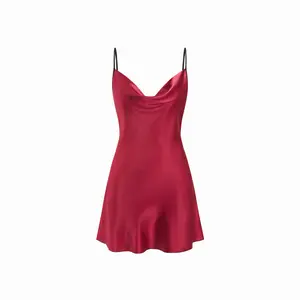 Cider Burgundy Satin Slip Dress - Deep V-Neck Spaghetti Strap Nightgown for Women