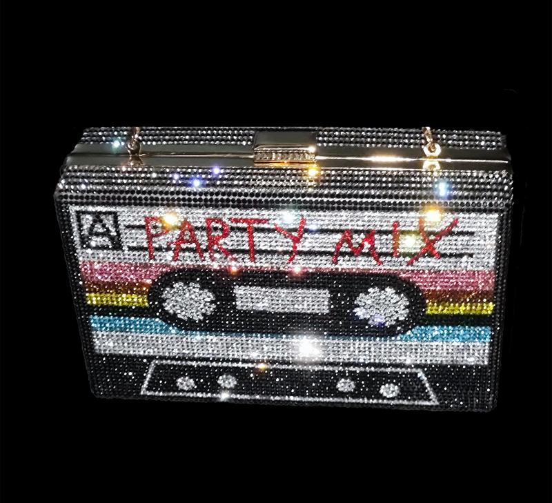 Women Cassette Tape Shape Rainbow Party Crossbody Bag Rhinestone Metal Vintage Evening Clutch Purses