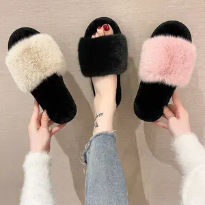 Women's fluffy solid color flat slippers, home casual rabbit fur open-toe cotton slippers