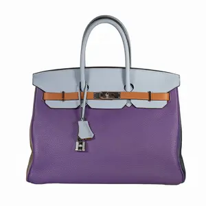 Pre-owned HERMÈS Clemence Tote Bags Tricolor Birkin 35 Arlequin Purple/Blue Lin/Gold