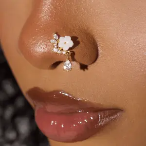 Dangle Diamond Flower Nose Stud in Surgical Steel 20 Gauge L-Shape 7mm x 4mm Hypoallergenic with Case and Pouch