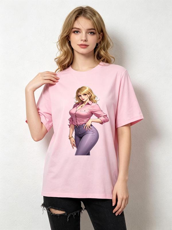 Women's Pure Cotton Aesthetic Anime Portraits Graphic Print Tee - Casual Fitted Short Sleeve Crew Neck Tshirt, Breathable Fabric, Beach Wear for Curvy Look